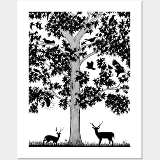 Tree with birds and deer Posters and Art